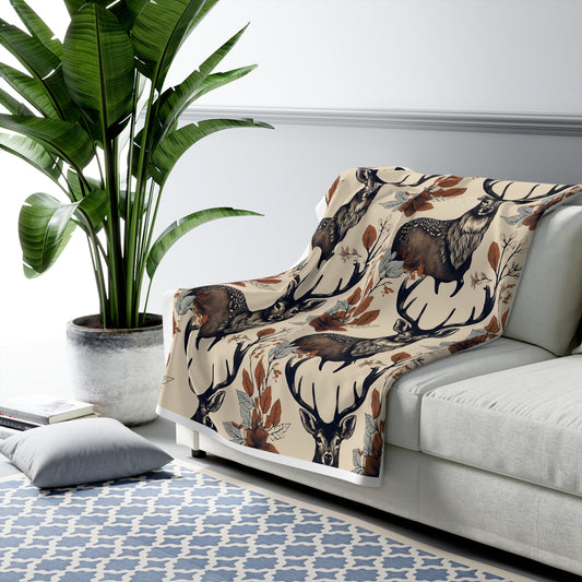 Cozy Sherpa Fleece Blanket with Rustic Deer Design - Perfect for Winter Nights